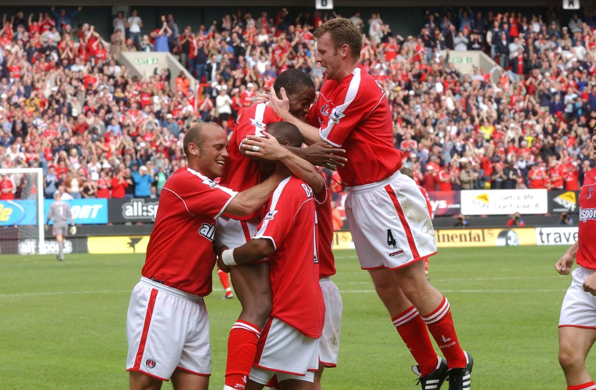 Kevin Lisbie celebrates after scoring against Liverpool
