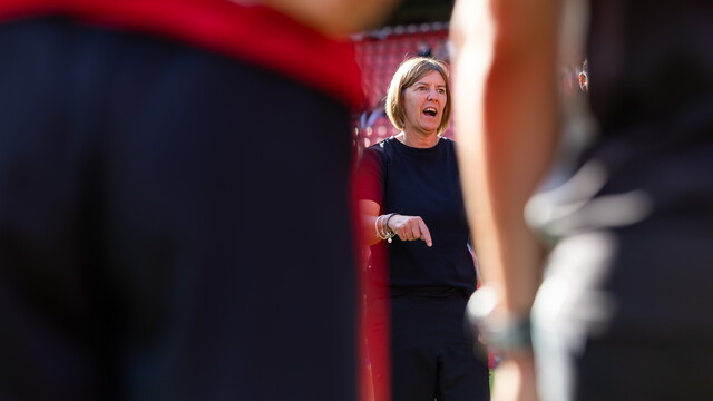 Karen Hills giving a team talk after the Man City game 