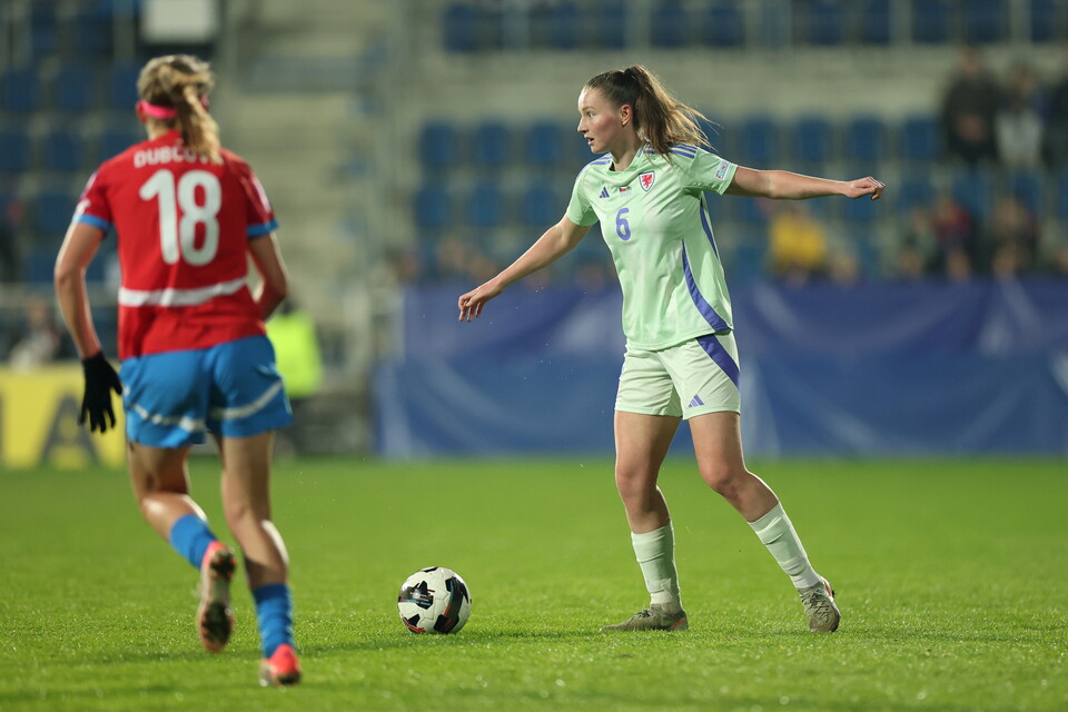 Mia Ross playing for Wales against the Czech Republic