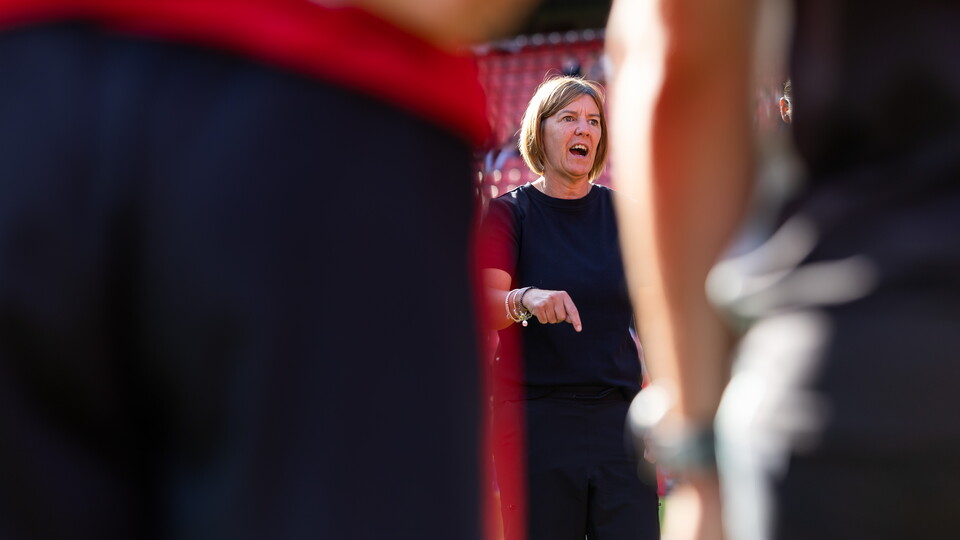 Karen Hills giving a team talk after the Man City game 