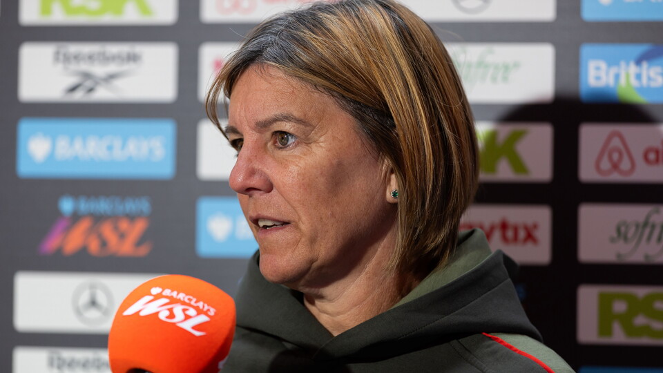 Karen Hills talking in her post-match press conference